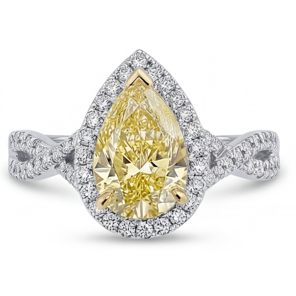 Pear Shape Canary Yellow Diamond ring in Two-Tone 14K Gold – front view