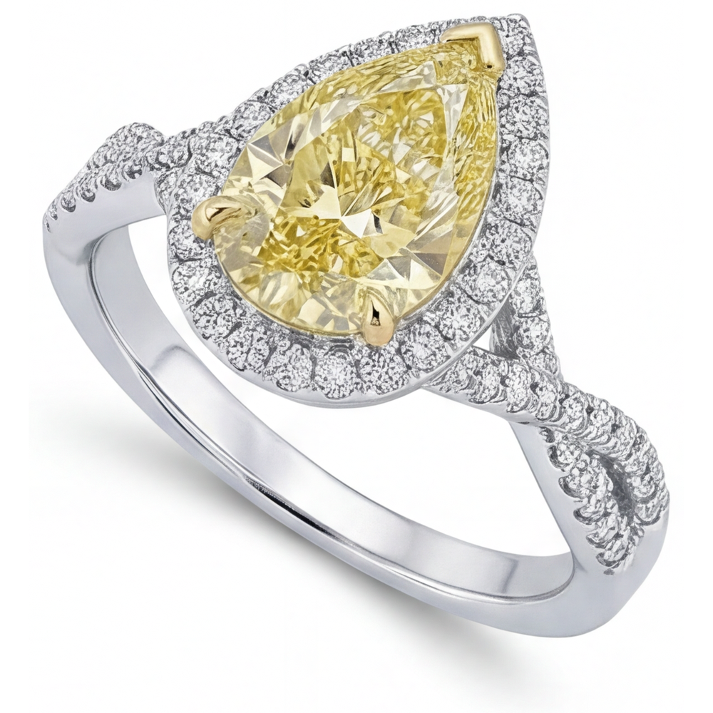 Pear Shape Canary Yellow Diamond ring in Two-Tone 14K Gold – angle view