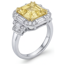 Canary Yellow Diamond Asscher Cut Halo Engagement Ring in 14K Two Tone Gold – angle view