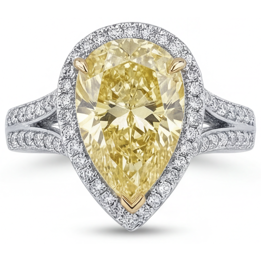 Pear Shape Canary Yellow Diamond ring in 14K Two Tone Gold – angle view