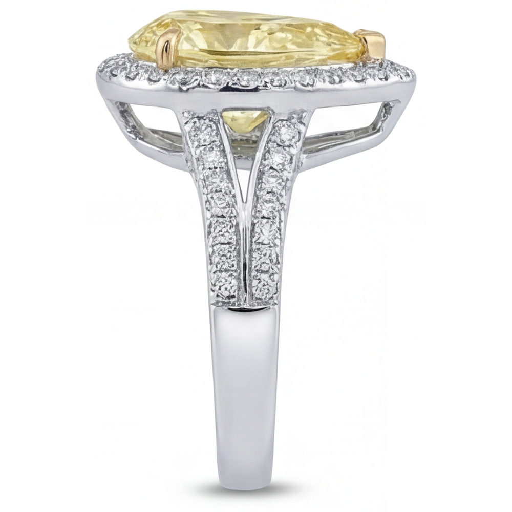 Pear Shape Canary Yellow Diamond ring in 14K Two Tone Gold – back view