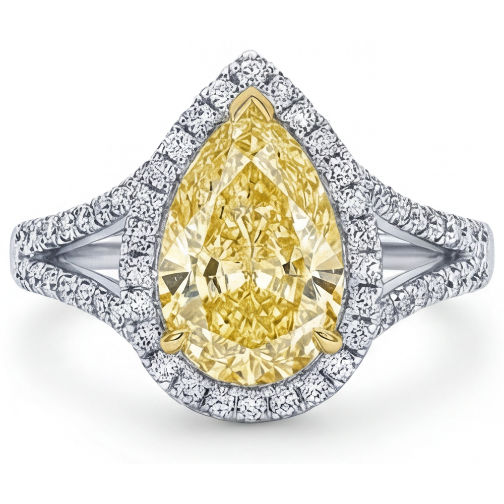 Pear Cut Canary Yellow Diamond ring in Two-Tone 14K Gold – front view