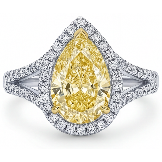 Pear Cut Canary Yellow Diamond ring in Two-Tone 14K Gold – front view
