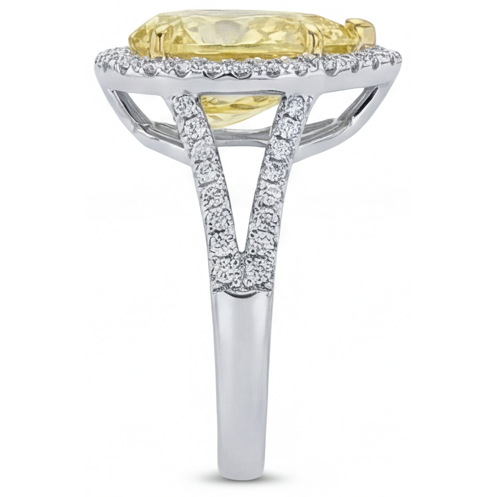 Pear Cut Canary Yellow Diamond ring in Two-Tone 14K Gold – back view