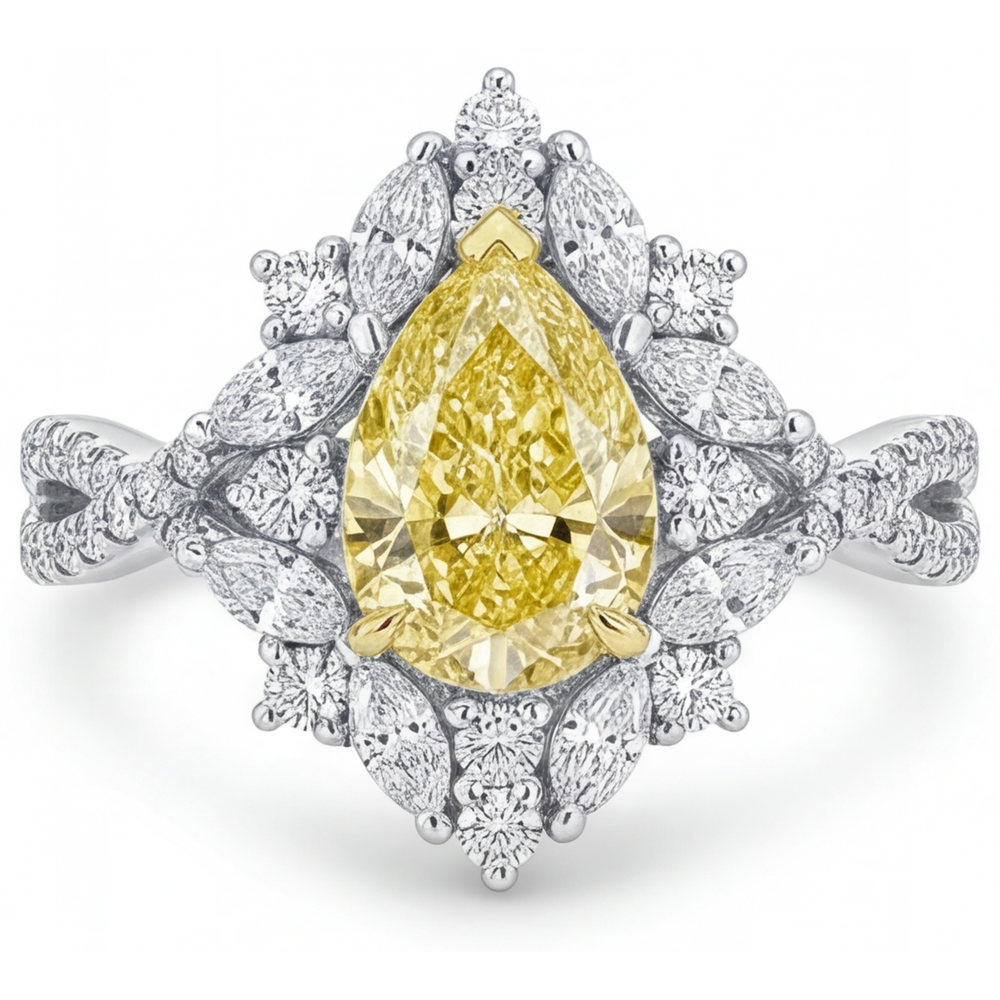 Pear Shape Canary Yellow Diamond ring in 14 Karat Two Tone Gold – main view
