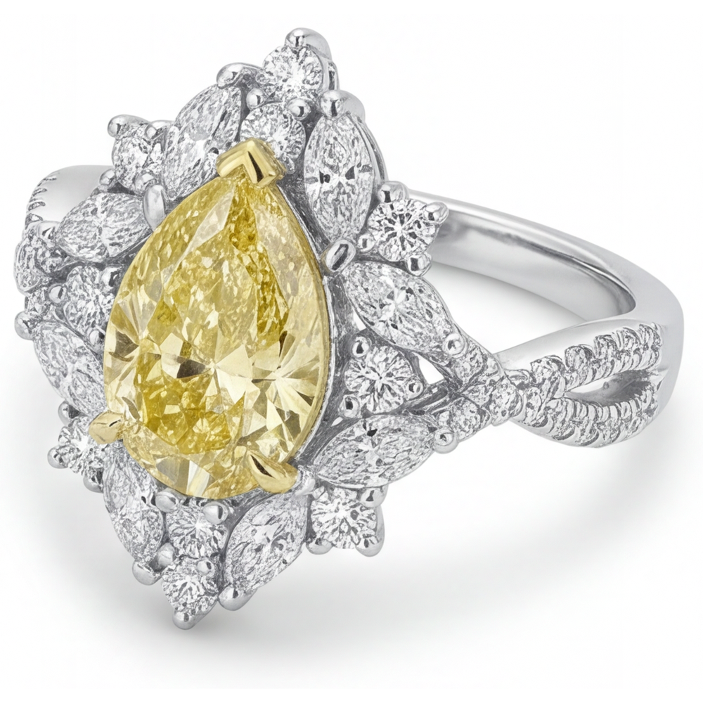 Pear Shape Canary Yellow Diamond ring in 14 Karat Two Tone Gold – side view