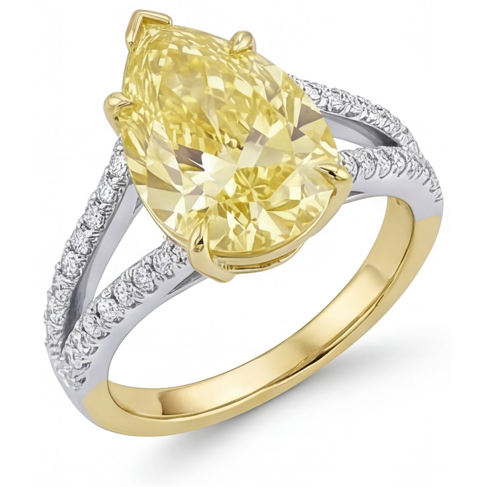 Pear Shape Canary Yellow Diamond ring in Two-Tone 14K Gold – angle view