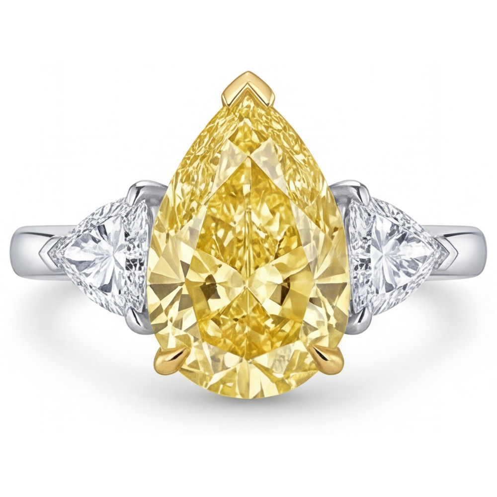 Canary Yellow Diamond Pear Shape Three Stone Ring in 14K Two Tone Gold – main view