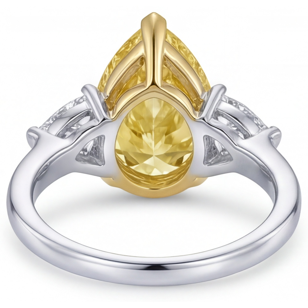 Pear Shape Canary Yellow Diamond ring in 14K Two Tone Gold – top view