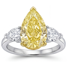 Canary Yellow Diamond Pear Shape Three Stone Ring in 14 Karat Two Tone Gold – front view