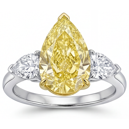 Canary Yellow Diamond Pear Shape Three Stone Ring in 14 Karat Two Tone Gold – front view