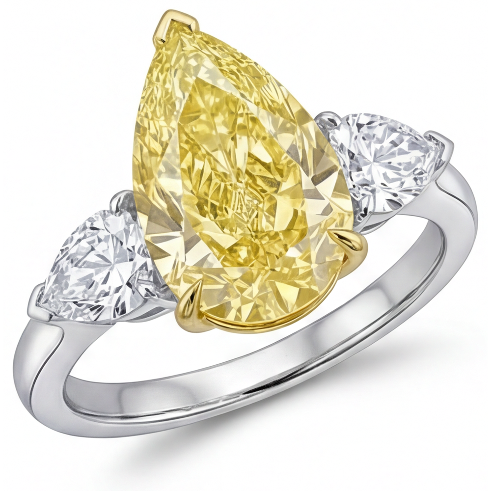 Pear Shape Canary Yellow Diamond ring in 14 Karat Two Tone Gold – side view