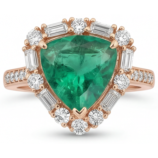 Earth-Mined Colombian Emerald Halo Engagement Ring 6 ct 14K Rose Gold – angle view