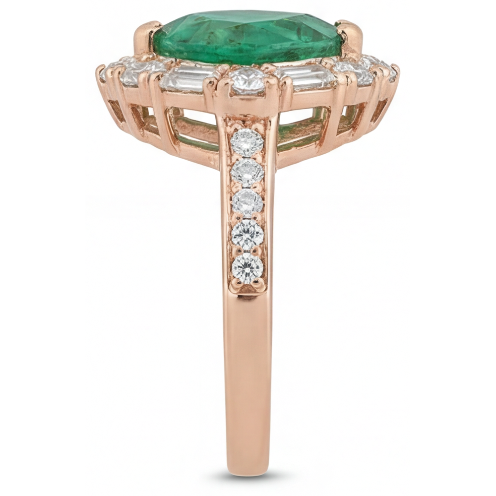 Halo Engagement Ring 14K Rose Gold with Colombian Emerald – profile view