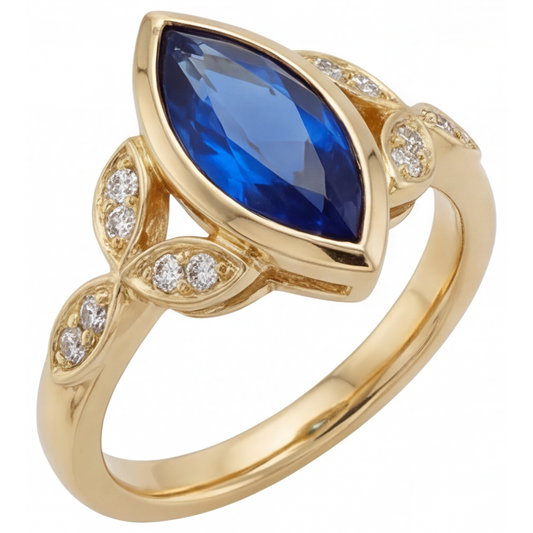 Marquise Cut Cornflower Blue Sapphire ring in 14K Yellow Gold – main view