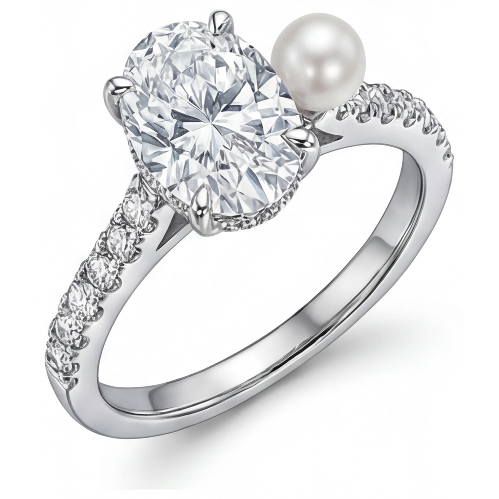 Oval Cut Cultured Pearl ring in 14K White Gold – front view