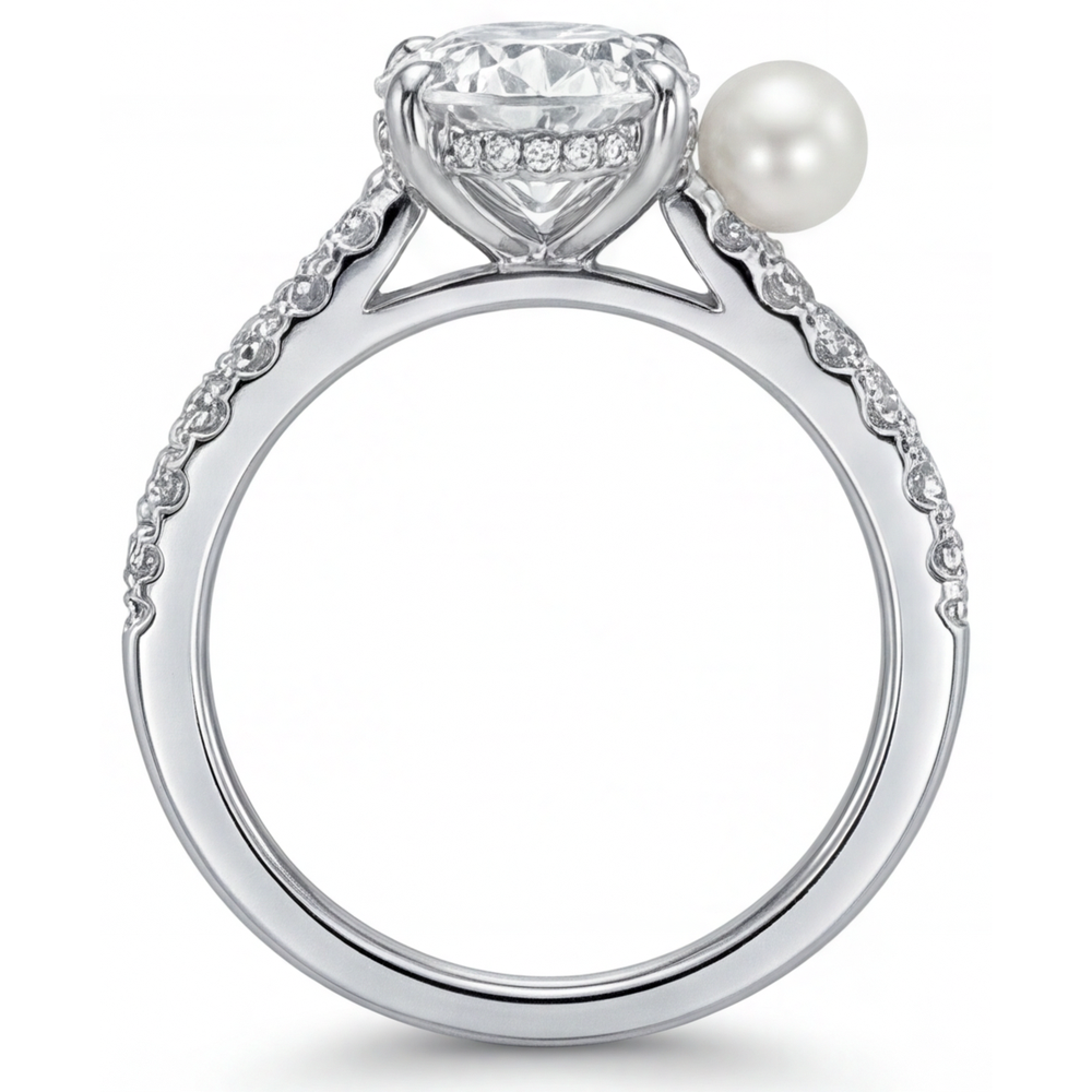 Authentic Cultured Pearl Solitaire Ring with Accents 3 ct 14K White Gold – angle view