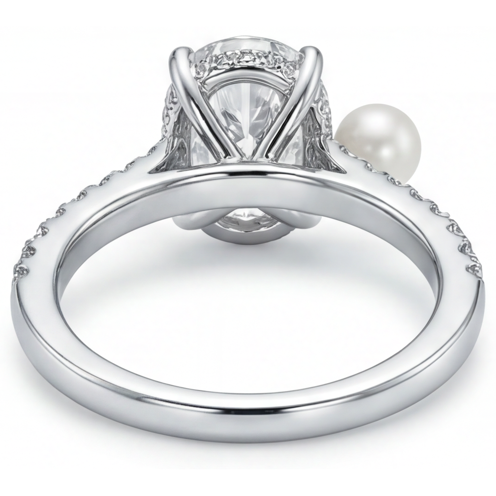 Authentic Cultured Pearl Solitaire Ring with Accents 3 ct 14K White Gold – profile view