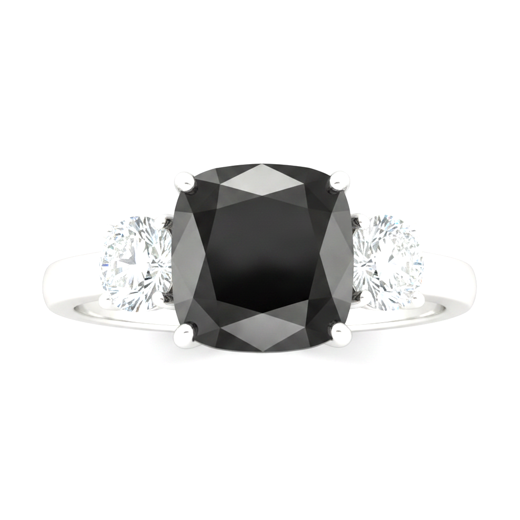 Dark Diamond Engagement Ring 6 Carat Genuine Cushion Black Three Stone 14K White Gold