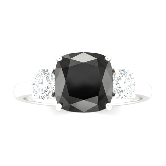 Dark Diamond Engagement Ring 6 Carat Genuine Cushion Black Three Stone 14K White Gold