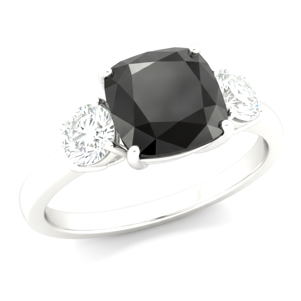 Dark Diamond Engagement Ring 6 Carat Genuine Cushion Black Three Stone 14K White Gold