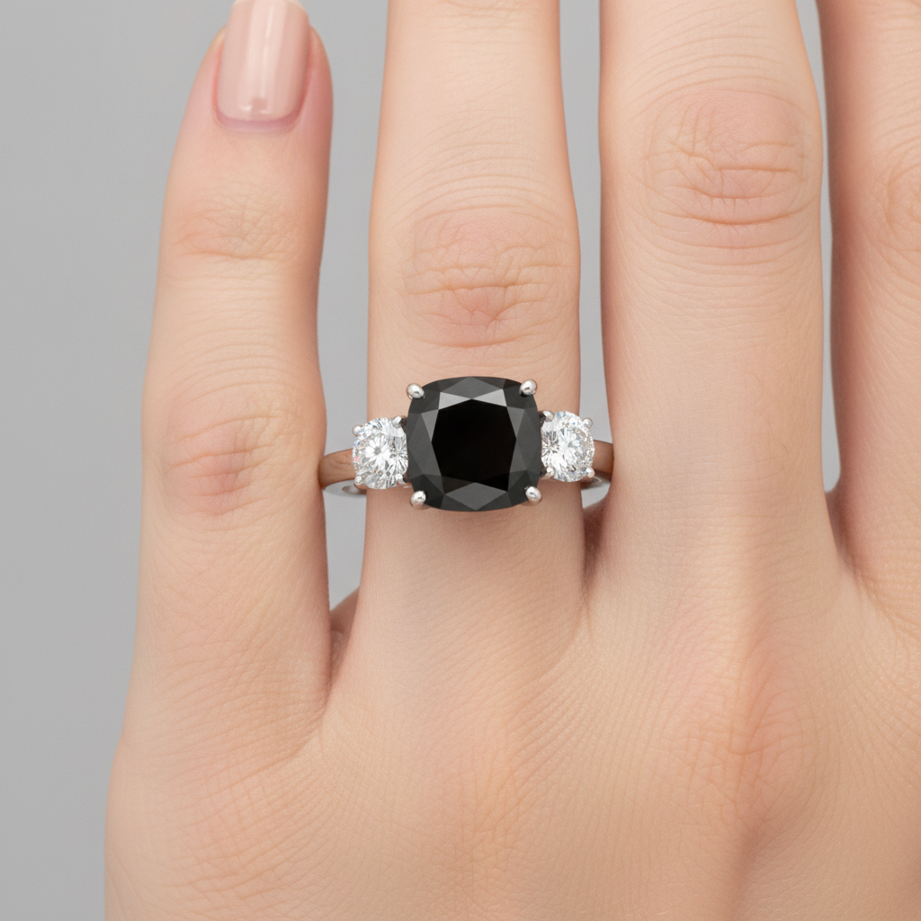 Dark Diamond Engagement Ring 6 Carat Genuine Cushion Black Three Stone 14K White Gold