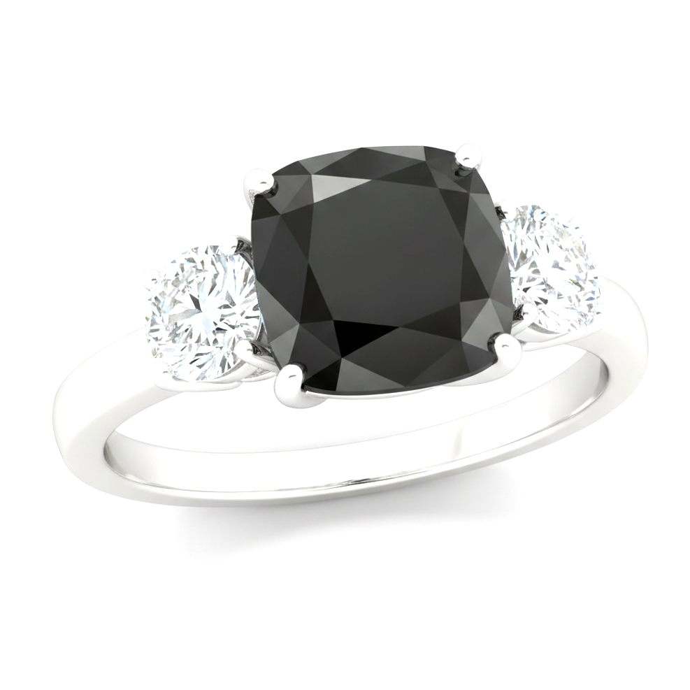 Dark Diamond Engagement Ring 6 Carat Genuine Cushion Black Three Stone 14K White Gold