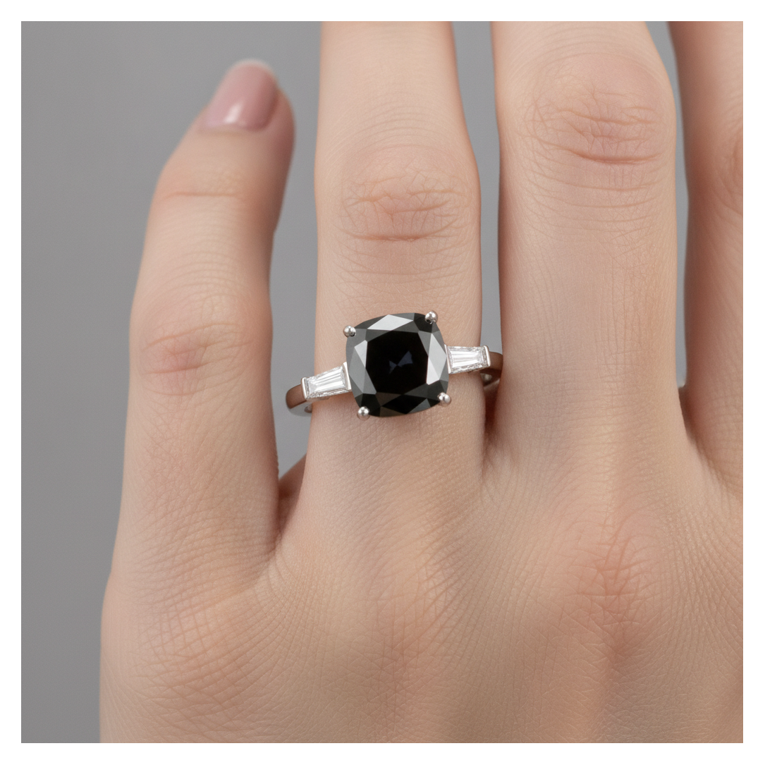 Dark Diamond Engagement Ring 3.6 Carat Real Cushion Black Baguette Three Stone 14K White Gold