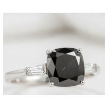 Dark Diamond Engagement Ring 3.6 Carat Real Cushion Black Baguette Three Stone 14K White Gold