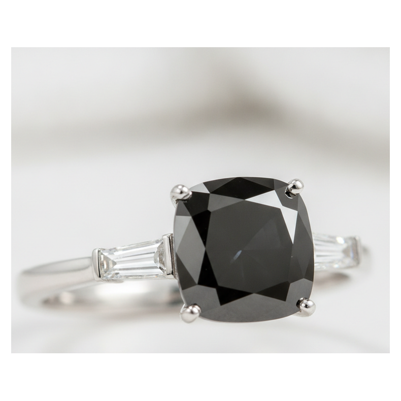 Dark Diamond Engagement Ring 3.6 Carat Real Cushion Black Baguette Three Stone 14K White Gold