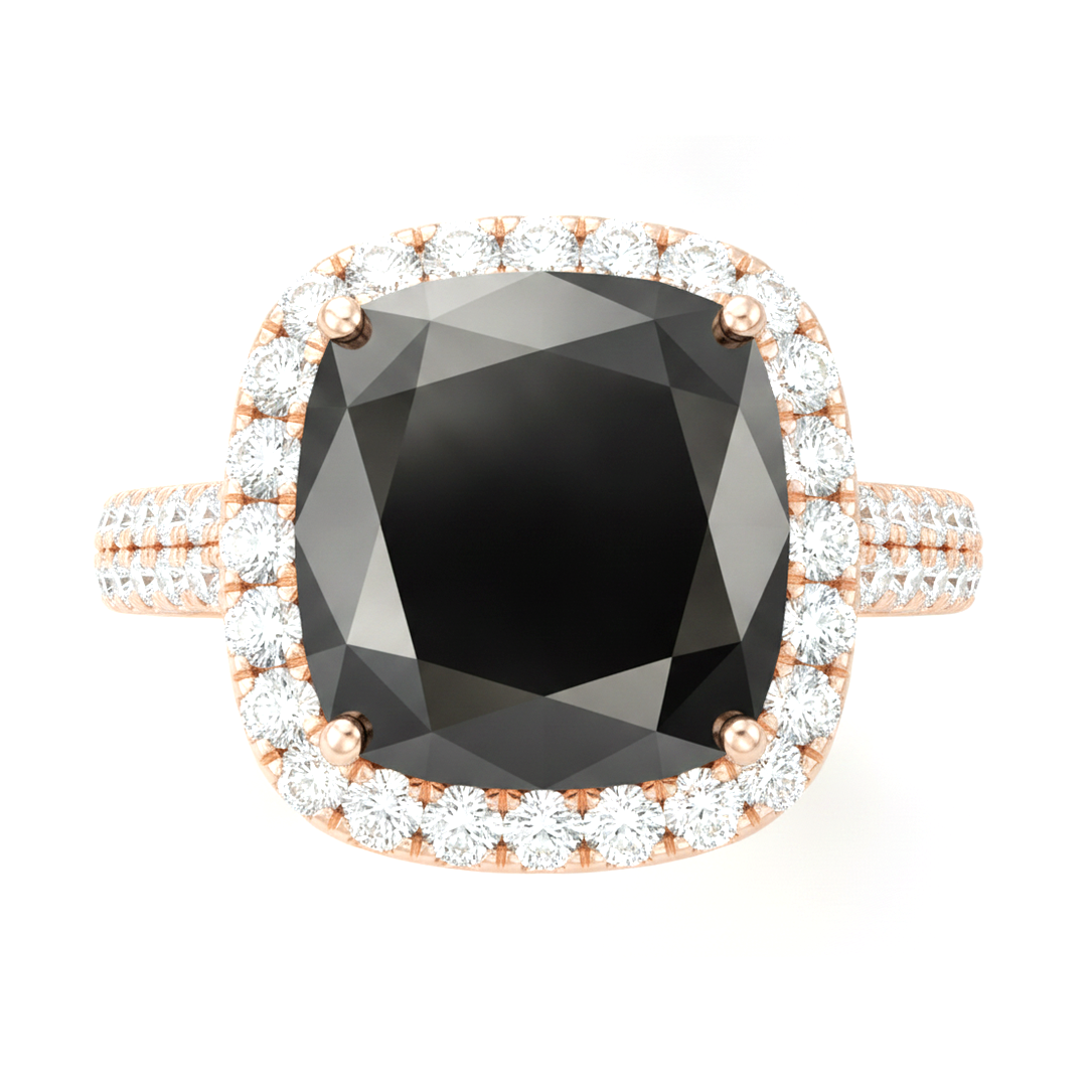 Black Diamond Engagement Ring 7.2 Carat Real Cushion Halo 14K Rose Gold