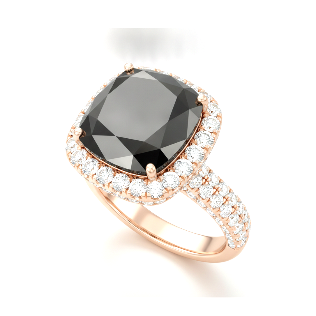 Black Diamond Engagement Ring 7.2 Carat Real Cushion Halo 14K Rose Gold