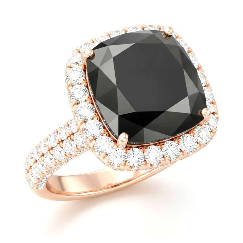 Black Diamond Engagement Ring 7.2 Carat Real Cushion Halo 14K Rose Gold