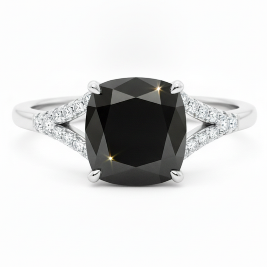 Black Diamond Ring 3.2 Carat Real Cushion Pave Cathedral 14K White Gold