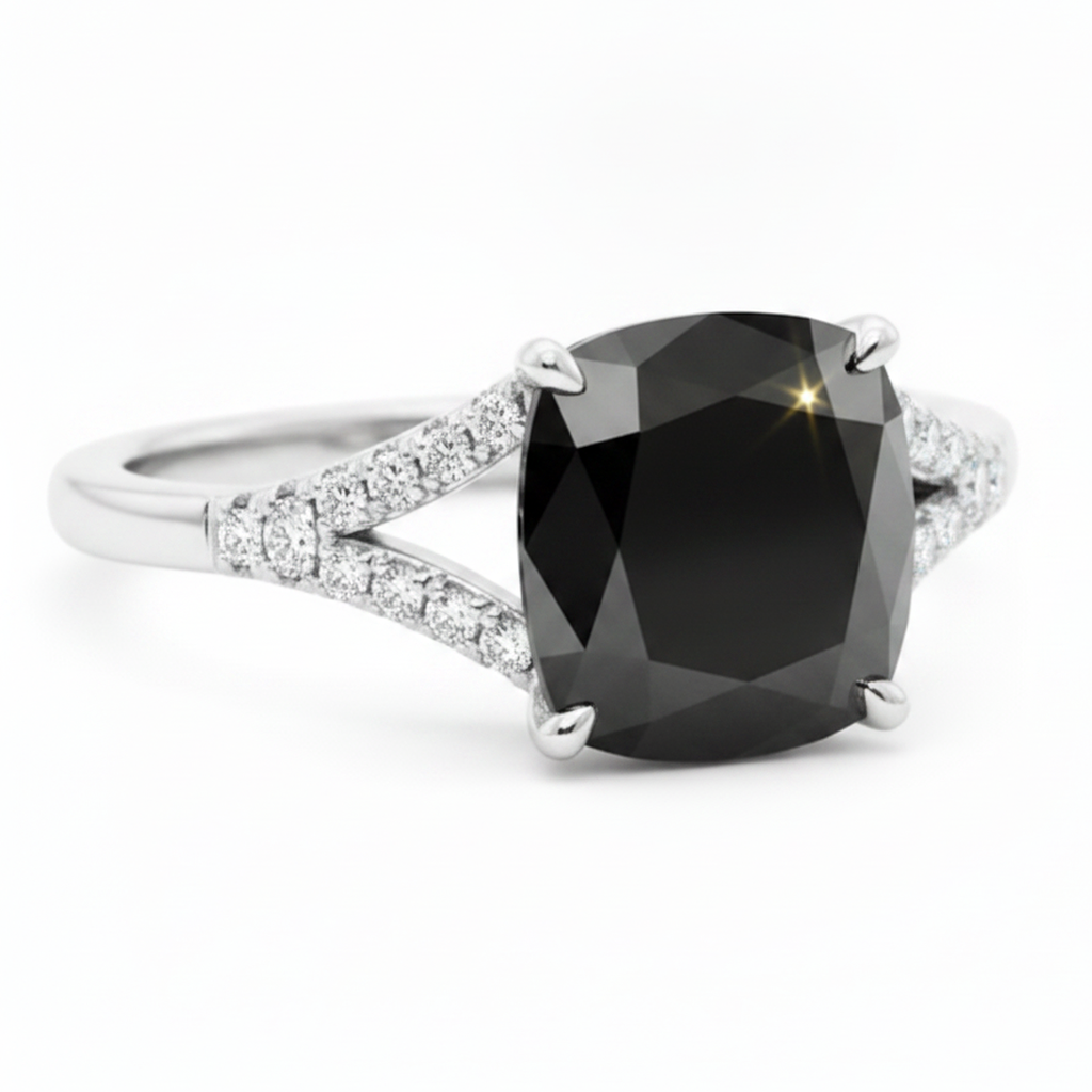 Black Diamond Ring 3.2 Carat Real Cushion Pave Cathedral 14K White Gold