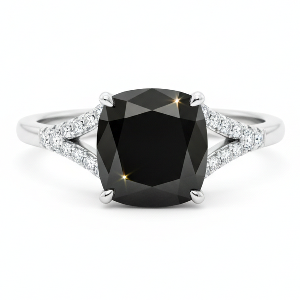 Black Diamond Ring 3.2 Carat Real Cushion Pave Cathedral 14K White Gold
