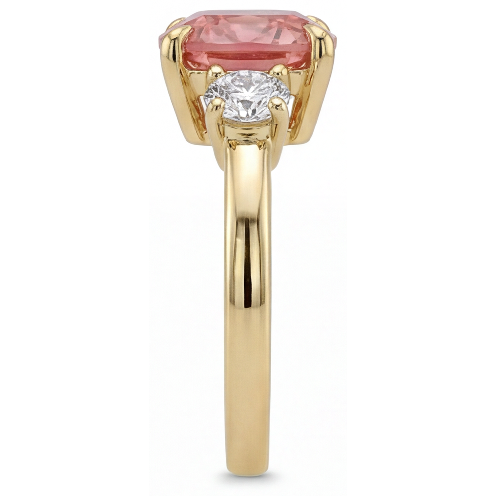 Padparadscha Sapphire Engagement Ring 4.6 Carat Lab Grown Cushion Three Stone 14K Yellow Gold