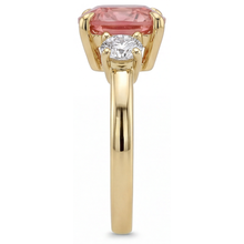 Padparadscha Sapphire Engagement Ring 4.6 Carat Lab Grown Cushion Three Stone 14K Yellow Gold