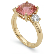 Padparadscha Sapphire Engagement Ring 4.6 Carat Lab Grown Cushion Three Stone 14K Yellow Gold