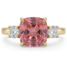 Padparadscha Sapphire Engagement Ring 4.6 Carat Lab Grown Cushion Three Stone 14K Yellow Gold