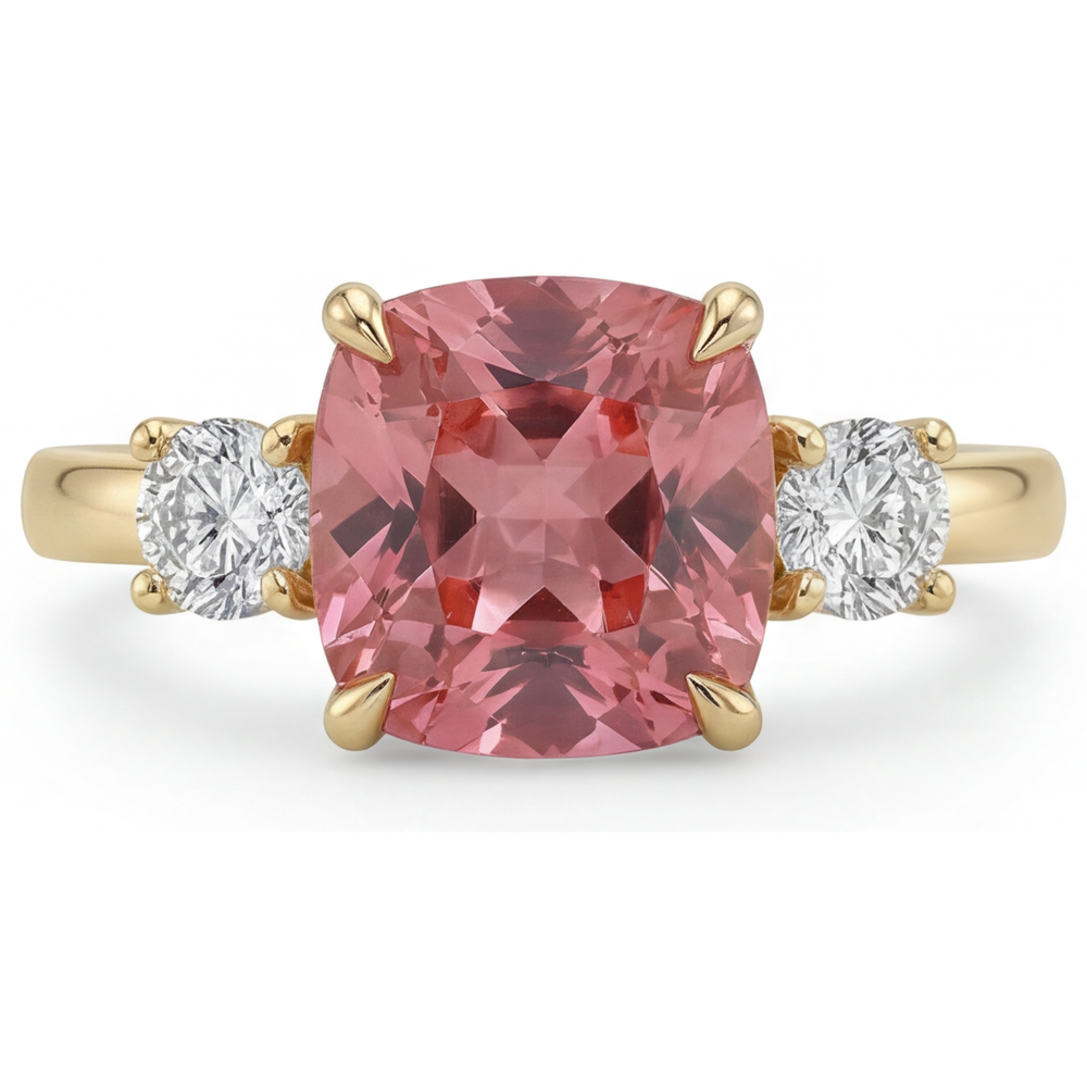 Padparadscha Sapphire Engagement Ring 4.6 Carat Lab Grown Cushion Three Stone 14K Yellow Gold