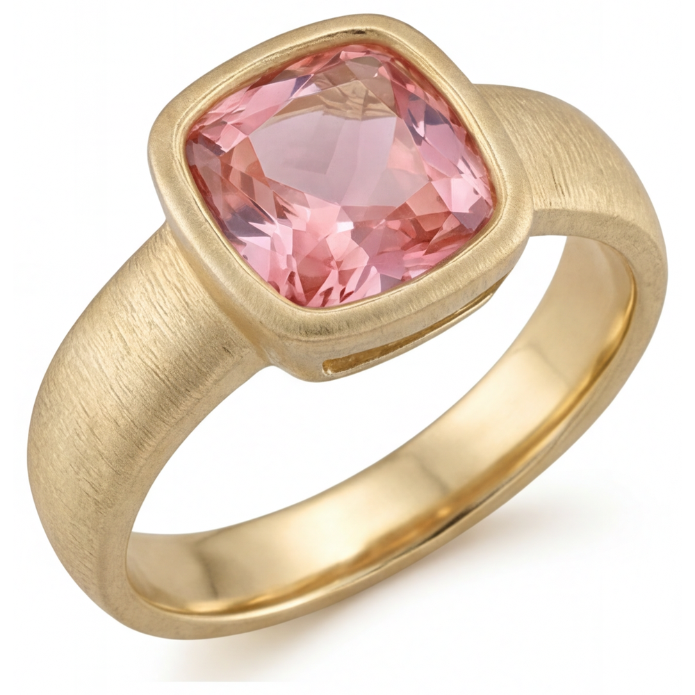 Peach Sapphire 4 Carat Lab Grown Cushion Padparadscha Bezel Solitaire Ring 14K Yellow Gold