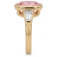 Peach Sapphire 3.9 Carat Natural Cushion Padparadscha and White Baguette Bezel Three Stone Ring 14K Yellow Gold