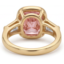 Peach Sapphire 3.9 Carat Natural Cushion Padparadscha and White Baguette Bezel Three Stone Ring 14K Yellow Gold