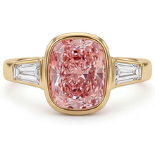 Peach Sapphire 3.9 Carat Natural Cushion Padparadscha and White Baguette Bezel Three Stone Ring 14K Yellow Gold