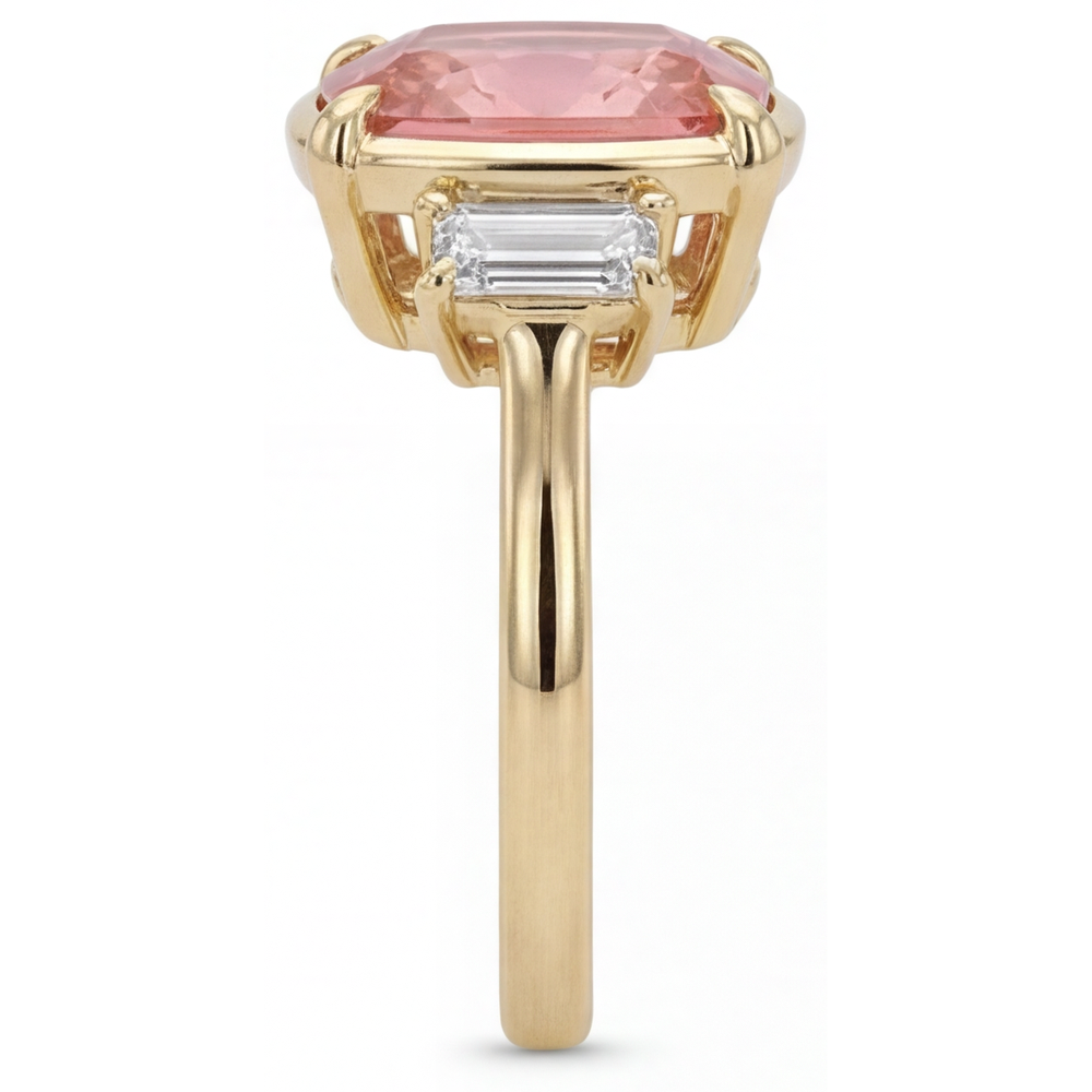 Padparadscha Sapphire And Diamond Ring 3.4 Carat Real Cushion White Baguette Three Stone 14K Yellow Gold