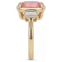 Padparadscha Sapphire And Diamond Ring 3.4 Carat Real Cushion White Baguette Three Stone 14K Yellow Gold