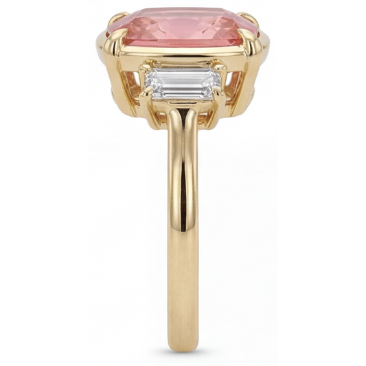 Padparadscha Sapphire And Diamond Ring 3.4 Carat Real Cushion White Baguette Three Stone 14K Yellow Gold
