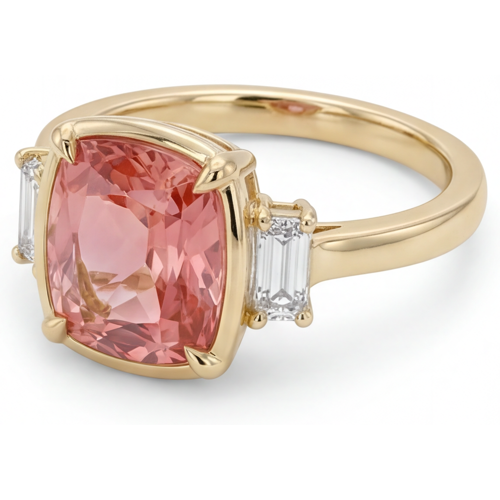 Padparadscha Sapphire And Diamond Ring 3.4 Carat Real Cushion White Baguette Three Stone 14K Yellow Gold