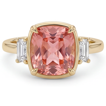 Padparadscha Sapphire And Diamond Ring 3.4 Carat Real Cushion White Baguette Three Stone 14K Yellow Gold